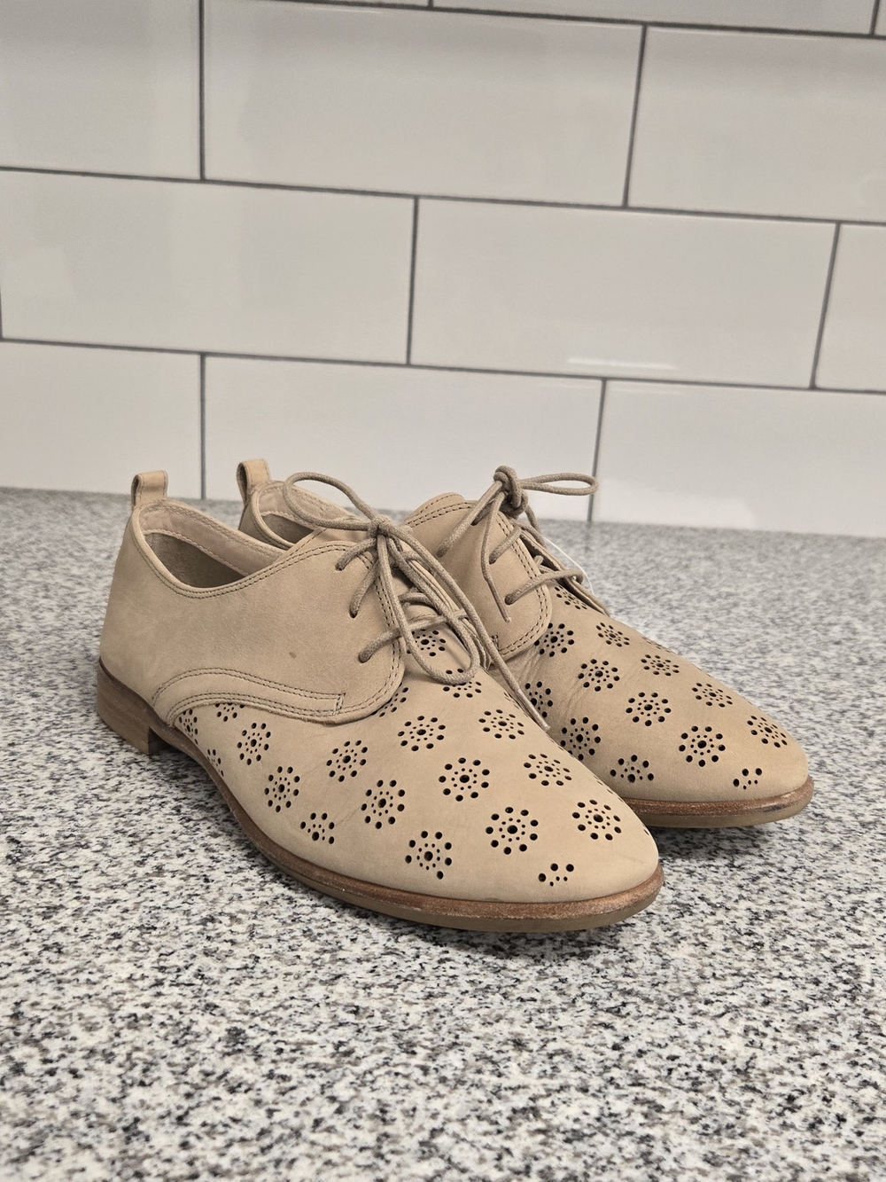 Clarks Beige Perforated Lace-Up Flats